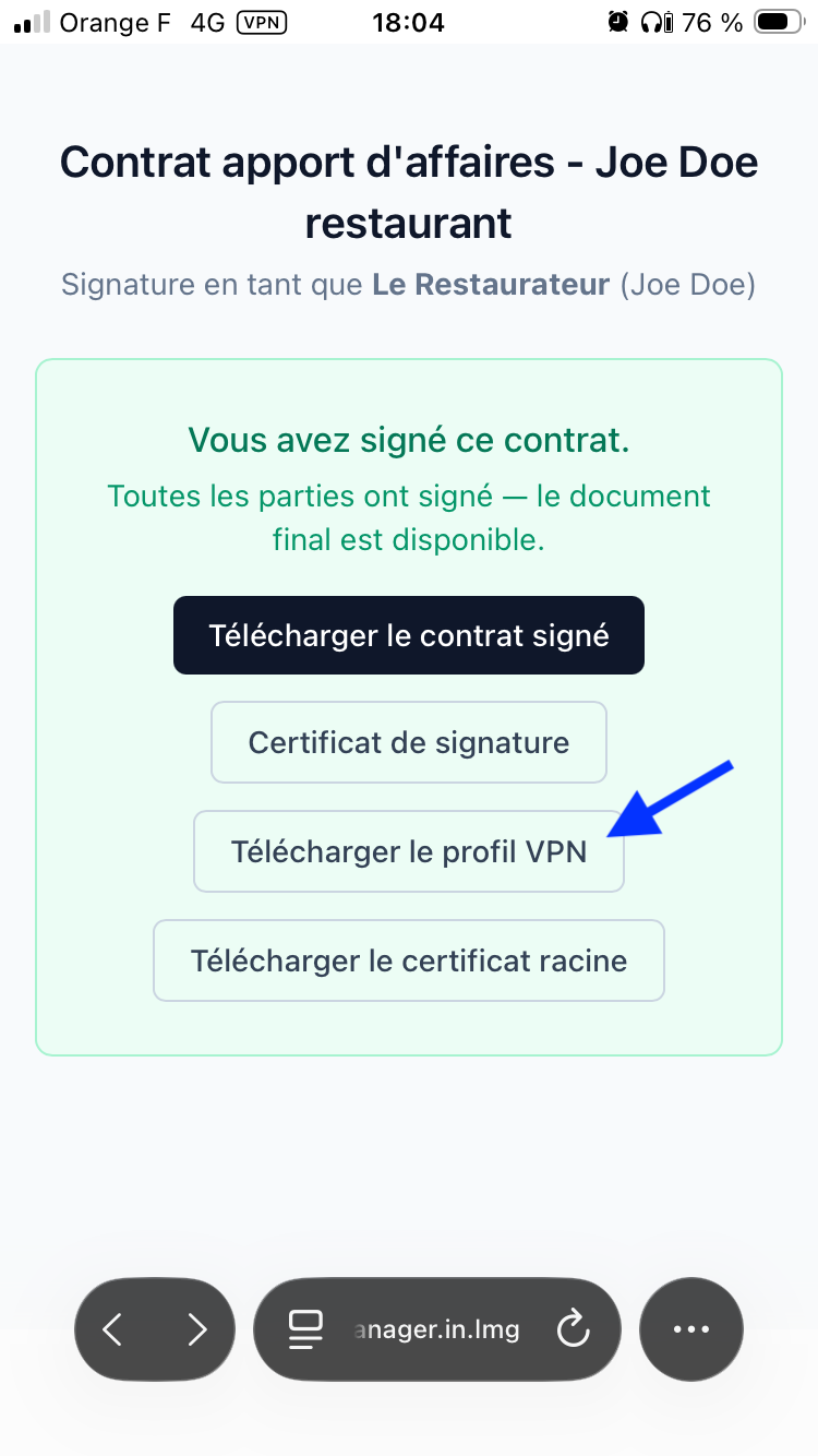 Bouton « Télécharger le profil VPN » sur la page du contrat
